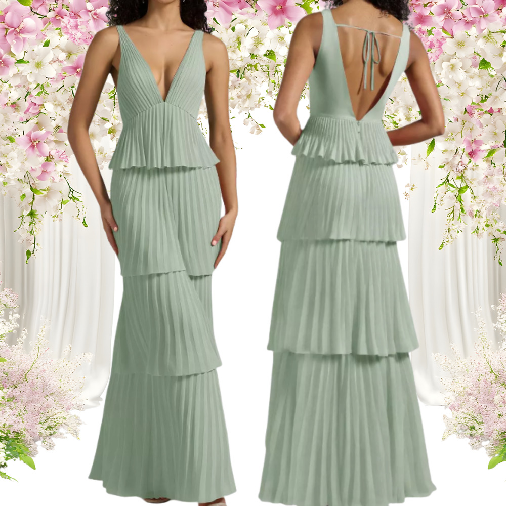 AW BRIDAL 6 S sage green chiffon Asma tier pleated backless maxi dress NEW B37